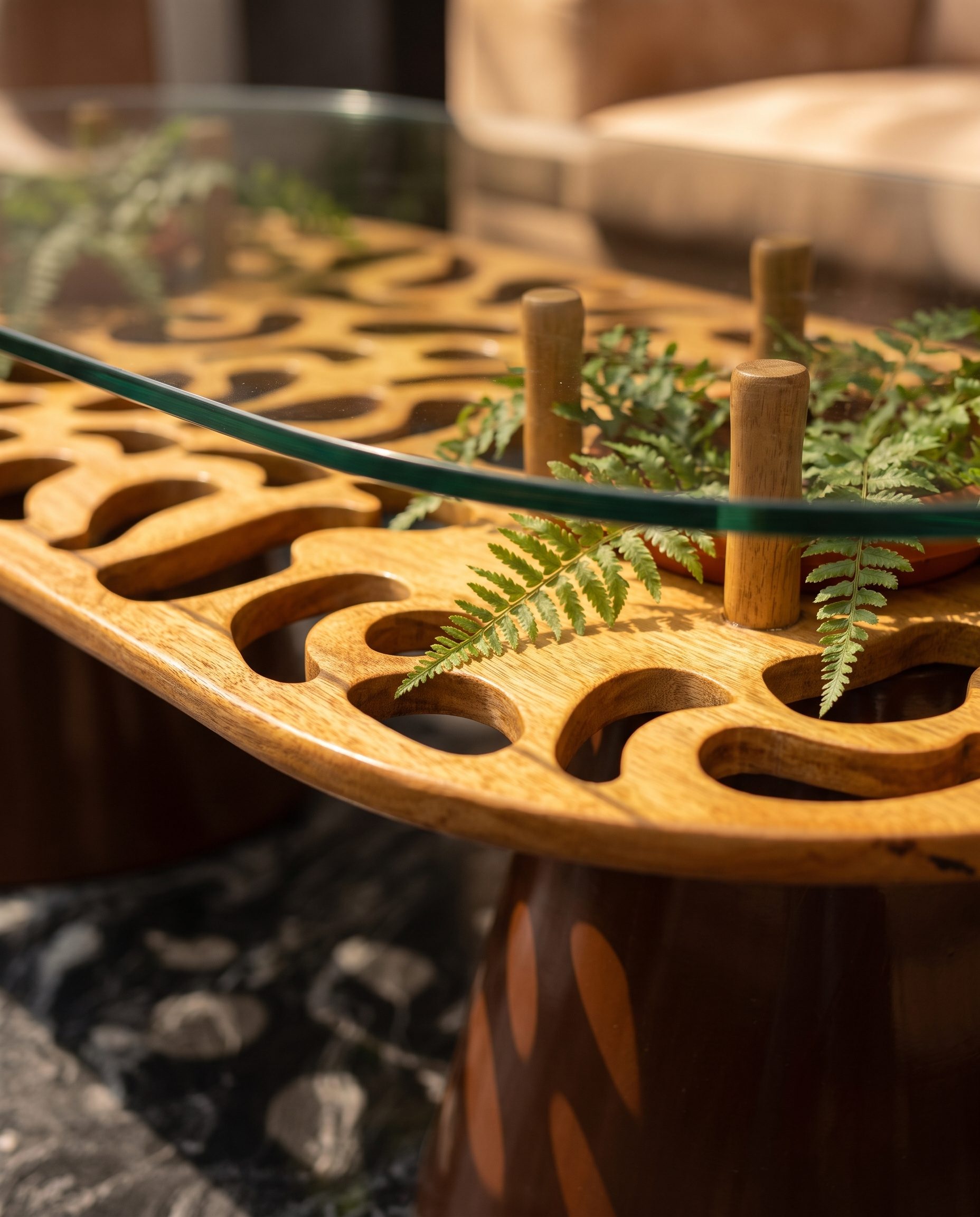 Hand-carved solid mango wood, finished in a natural matte oil.