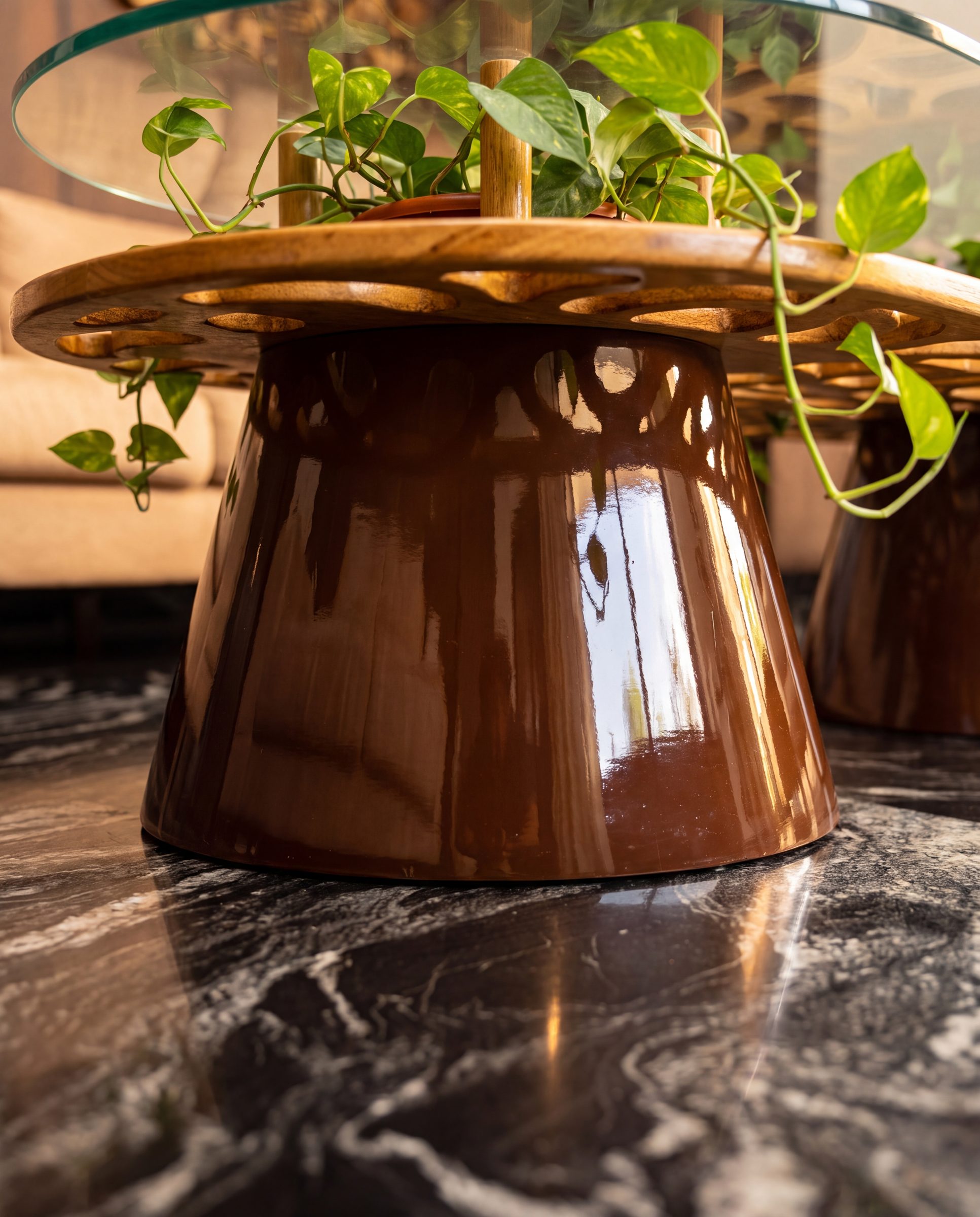 Twin sculpted bases, lacquered in deep espresso.