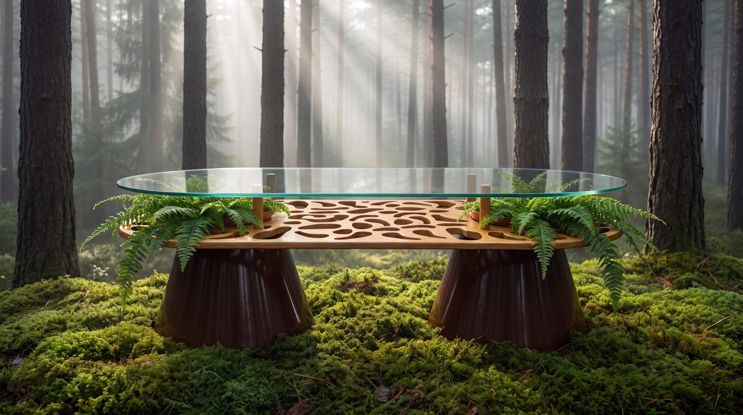 The Canopy Table in a misty pine forest