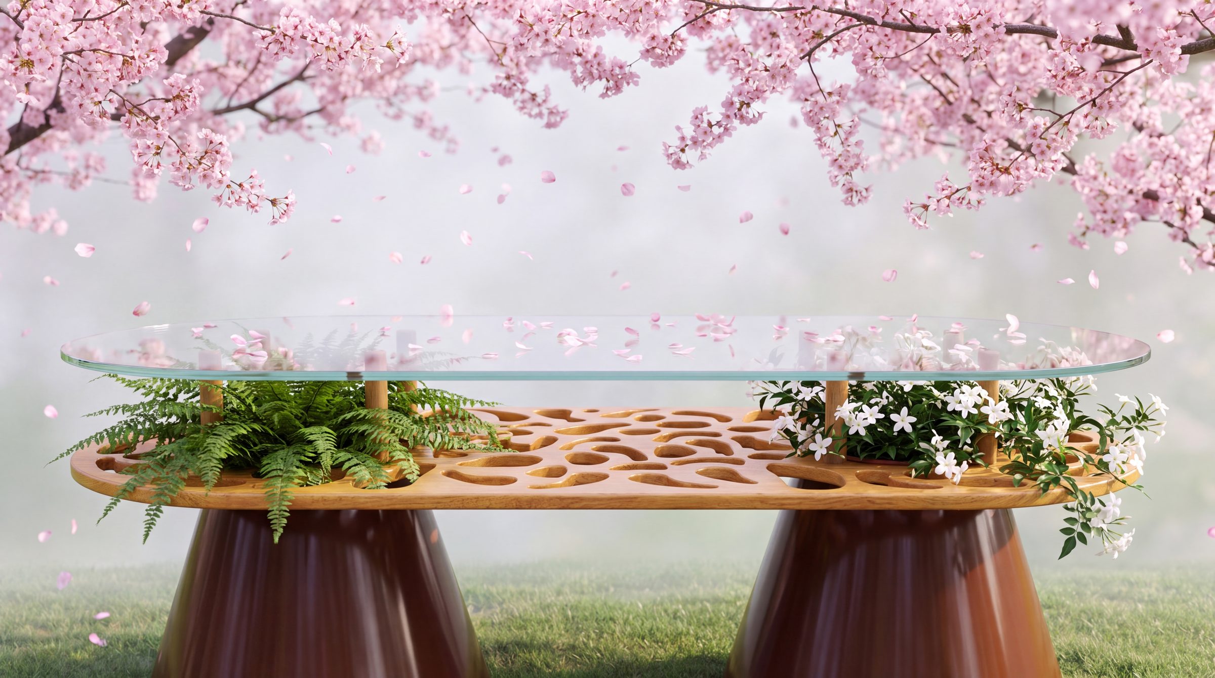 The table under a cherry tree, petals on the glass