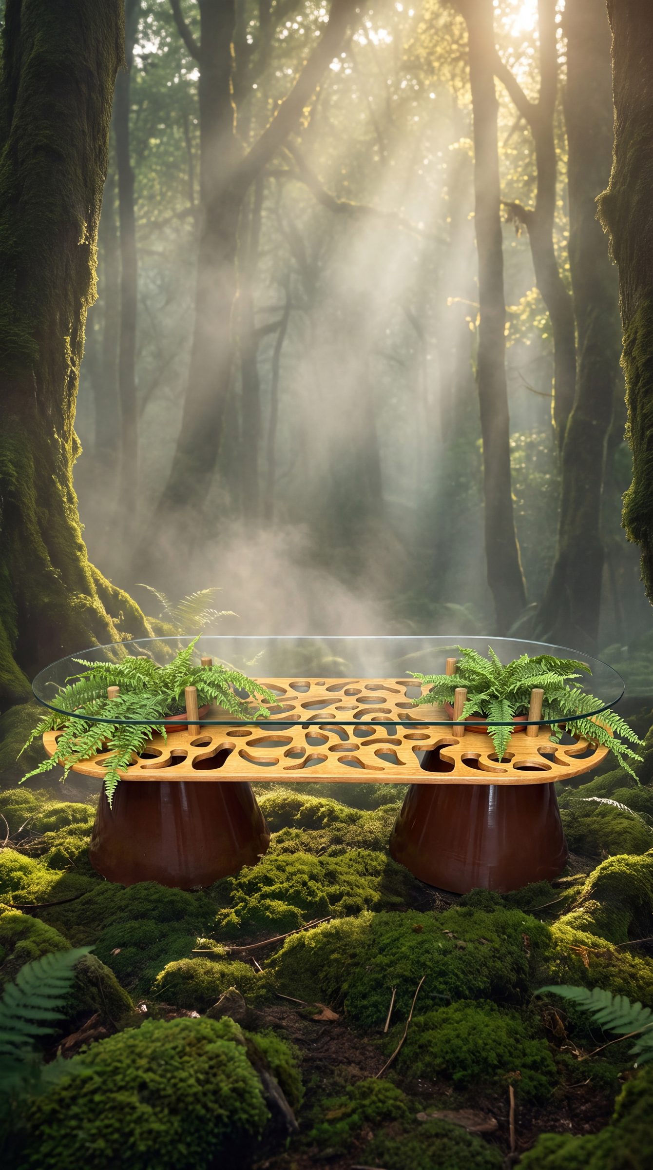 Tall view of the table in a misty forest